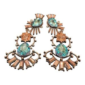 Statement Chandelier Earrings Copper Tone Blue & Peach Crystals J13